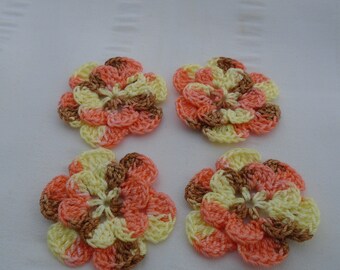 Appliques hand crocheted flowers set of 4 banana bread cotton 1.5 inch