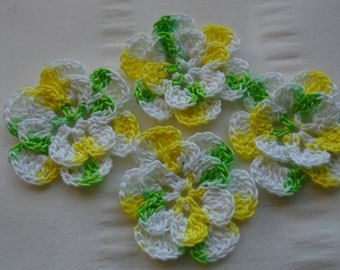 Appliques hand crocheted flowers set of 4 lemon lime color cotton 1.5 inch flowers