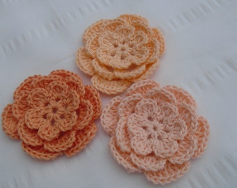 Crocheted flowers set of 3 appliques 2.5 inch embellishment motif peach