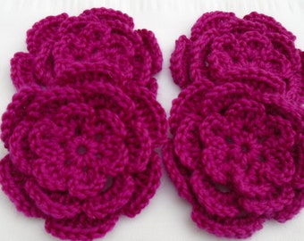Appliques hand crocheted flowers embellishment set of 4 in magenta color cotton  3 inch