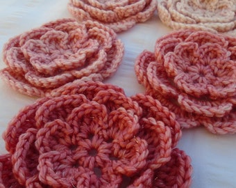 Crochet flowers pink gradient color set of 5 in size 3.5 inch  flower motif embellishment