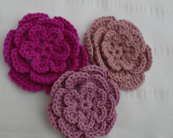 Appliques hand crocheted flowers embellishment set of 3 pink blush magenta color cotton 3.5 inch