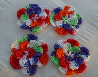 Appliques hand crocheted flowers embellishment set of 4 bright bloom cotton 1.5 inch