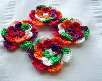 Appliques hand crocheted flowers set of 4 rainbow (orange) cotton 1.5 inch