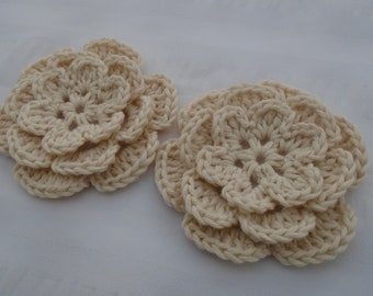 Crocheted flowers set of 2 appliques 3.5 inch embellishment motif ivory