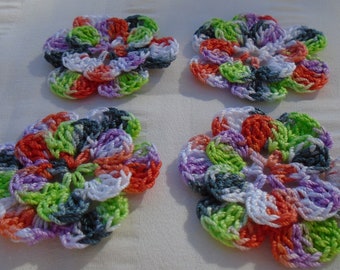 Appliques hand crocheted flowers embellishment set of 4 in Halloween Brew cotton 1.5 inch