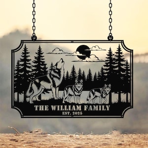 Custom Wolf Howling Metal Cabin Sign: Personalized Family Name Sign Wolf In Woods Cabin Sign,Black Wolf Sign,Metal Wolf Sign Dad Gift
