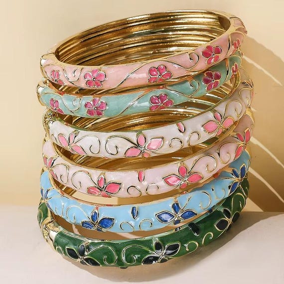 Vintage Bangle Bracelets Pink Gold-plated Enamel Cloisonné  display picture 1
