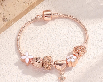 Shining Charm Bracelets, Pandora bracelets rose gold plated charms Glazed Gem Beads Heart Love Hanging bracelet, stainless steel bracelets