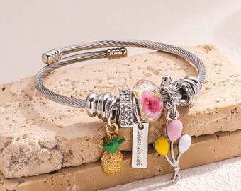 Pulseiras com pingentes florais brilhantes, pulseiras Pandora, pingentes de aço inoxidável, contas de pedras preciosas esmaltadas, pulseira pendurada em balão, pulseiras de aço inoxidável