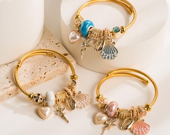 Fee Charm Armbänder, Pandora Armbänder, 18k vergoldete Charms, Glasierte Edelsteinperlen einstellbare Armband aus Edelstahl, Edelstahlarmbänder