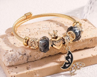 Black Charm Bracelets, Pandora bracelets 18k gold plated charms Glazed Gem Beads Butterfly love Hanging bracelet, stainless steel bracelets