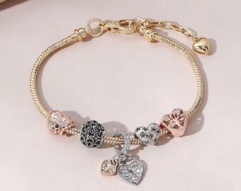 Shining Charm Bracelets, Pandora bracelets gold plated charms Glazed Gem Beads Heart Love Hanging bracelet, stainless steel bracelets