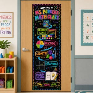May include: A vertical black door banner titled Welcome to Ms. Parker's Math Class, featuring colourful educational graphics including a calculator, abacus, fraction circle, geometric shapes, a coordinate plane graph, and an open textbook with a pencil.