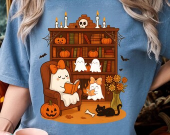 Ghosts Reading in the Library Shirt, Halloween Book Lover Tee, Cute Ghost Halloween Shirt, Spooky Fall Reading Shirt, Halloween Gift