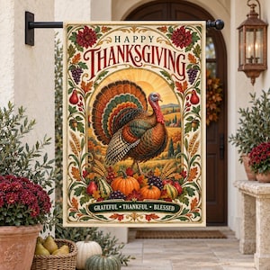 Puede incluir: Una bandera de jardín rectangular con una ilustración central de un pavo en un campo. El texto HAPPY THANKSGIVING aparece en la parte superior y GRATEFUL THANKFUL BLESSED en la inferior. El borde incluye hojas de otoño, peras y uvas.