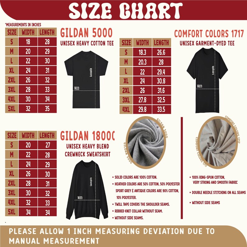 May include: Size chart for Gildan 5000, Comfort Colors 1717, and Gildan 18000 apparel. Includes measurements in inches for width and length, with sizes ranging from S to 5XL. Features details on fabric composition and construction.