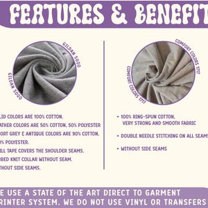 May include: Close-up of a gray and beige t-shirt fabric. The text "GILDAN 5000" and "COMFORT COLORS 1717" is visible. The text "FEATURES & BENEFIT" is at the top of the image. The text "WE USE A STATE OF THE ART DIRECT TO GARMENT PRINTER SYSTEM. WE DO NOT USE VINYL OR TRANSFERS" is at the bottom of the image. The text describes the features and benefits of the t-shirt.