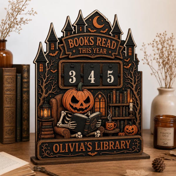 Personalized Halloween Book Tracker, Books Read This Year Counter, Pumpkin Skeleton Library Decor, Spooky Reader Book Lover Gift