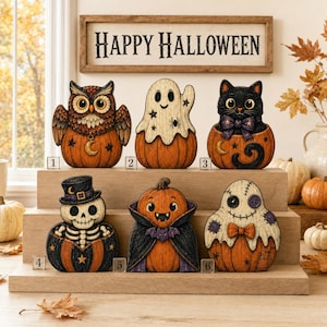 ハロウィンパンプキン木製ブロックデコレーション、不気味なパンプキン棚飾りセット、幽霊フクロウ骸骨パンプキンデコレーション、素朴なハロウィンマントルデコレーション