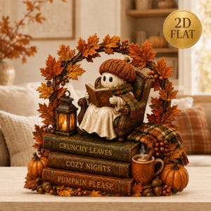 Puede incluir: Una figura decorativa de un personaje con gorro de bellota y bufanda de punto, sentado sobre una pila de tres libros titulados Crunchy Leaves, Cozy Nights y Pumpkin Please. Está enmarcado por hojas de otoño, una linterna y calabazas.