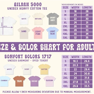 May include: Size chart for Gildan 5000 unisex heavy cotton t-shirts. The chart shows the measurements in inches for sizes S through 5XL. The chart also shows the different colors available for the t-shirts, including white, natural, sport grey, sand, light pink, light blue, ivory, butter, Chambray, yam, orchid, and blossom.