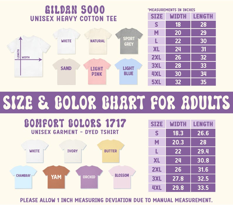 May include: Size chart for Gildan 5000 unisex heavy cotton t-shirts. The chart shows the measurements in inches for sizes S through 5XL. The chart also shows the different colors available for the t-shirts, including white, natural, sport grey, sand, light pink, light blue, ivory, butter, Chambray, yam, orchid, and blossom.