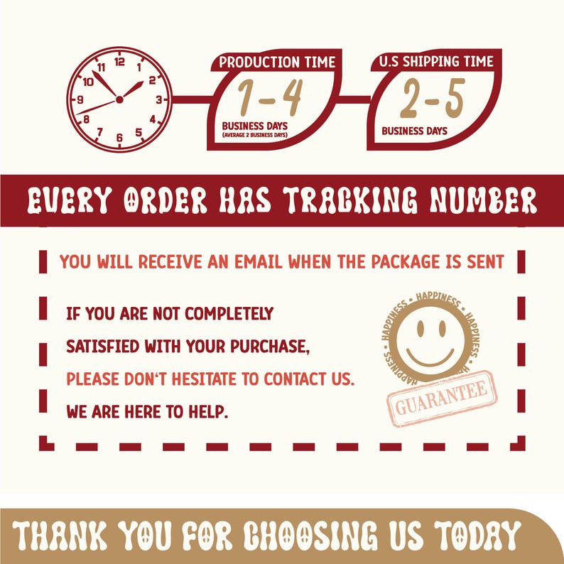 May include: A graphic with text and icons. Includes a clock, production time of 1-4 business days, and U.S. shipping time of 2-5 business days. Text states every order has a tracking number and a guarantee.