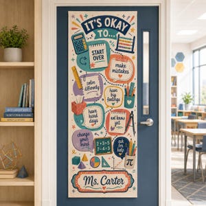Könnte beinhalten: Ein vertikales Klassenzimmertür-Banner mit dem Text 'IT'S OKAY TO...' und 'Ms. Carter', verziert mit bunten Schulmaterialien und Sprechblasen, die Phrasen wie 'start over', 'make mistakes', 'solve differently' und 'ask for help' enthalten.