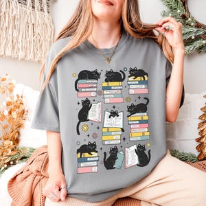 Black Cat Book Lover Shirt, Cute Reading Cat Tee, Bookworm Gift, Literary Cat Lover Gift for Reader, Bookish Gift