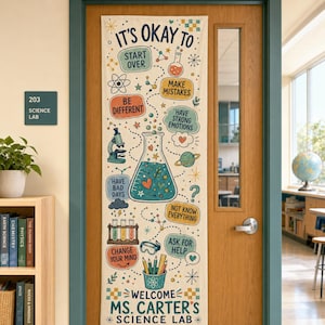 May include: A vertical banner hanging on a wooden door featuring the text IT'S OKAY TO START OVER, MAKE MISTAKES, BE DIFFERENT, HAVE STRONG EMOTIONS, HAVE BAD DAYS, NOT KNOW EVERYTHING, ASK FOR HELP, CHANGE YOUR MIND, and WELCOME MS. CARTER'S SCIENCE LAB.