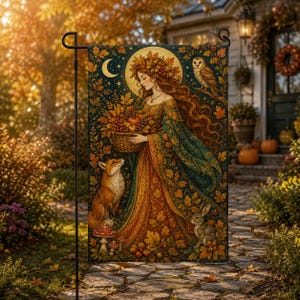 May include: A rectangular garden flag featuring a central illustration of a woman with long hair wearing a floral crown, holding a basket of autumn produce. A fox, a rabbit, and an owl are depicted alongside her amidst fall leaves and a crescent moon.