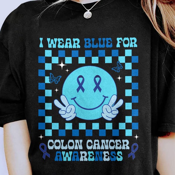 Ich trage Blau für Darmkrebs-Bewusstseins-T-Shirt, blaues Band-Darmkrebs-Hemd, Friedenszeichen-T-Stück, Darmkrebs-Kämpfer-Geschenk