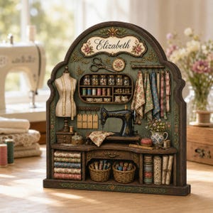 Könnte beinhalten: Ein dekoratives Tischdisplay mit einer Miniatur-Nähzimmer-Szene, bestehend aus einer Schneiderpuppe, einer schwarzen Nähmaschine, Stoffmustern, Garnrollen und Körben. Der gewölbte obere Teil zeigt ein Schild mit dem Namen Elizabeth und Blumenverzierungen.