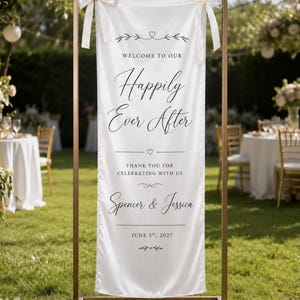 Letrero de bienvenida de tela para bodas "Felices para siempre", pancarta de boda personalizada, decoración rústica de tela para recepción, regalo elegante para la decoración de la recepción.