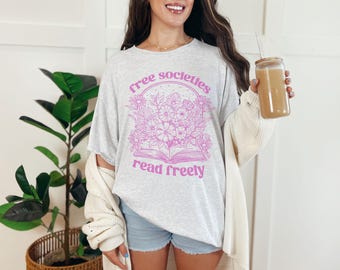Chemise Free Societies Read Freely, cadeau floral pour amateur de livres, cadeau livresque, chemise de lecture esthétique vintage, cadeau pour lecteur, chemise rat de bibliothèque