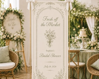 Brautdusche Willkommensschild Banner Sie ist frisch vom Markt Benutzerdefinierte Leinen Banner Junggesellinnenparty Hintergrund Braut zum Dekor Stoff Banner