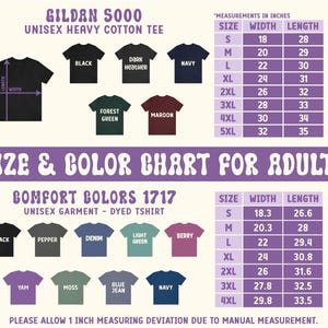 May include: Size chart for Gildan 5000 unisex heavy cotton t-shirts and Comfort Colors 1717 unisex dyed t-shirts. The chart shows sizes from S to 5XL with corresponding width and length measurements in inches.