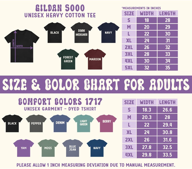 May include: Size chart for Gildan 5000 unisex heavy cotton t-shirts and Comfort Colors 1717 unisex dyed t-shirts. The chart shows sizes from S to 5XL with corresponding width and length measurements in inches.