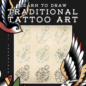 Könnte beinhalten: Schwarzer Hintergrund mit dem Text "LERNEN SIE, TRADITIONELLE TATTOO-KUNST ZU ZEICHNEN". Das Bild zeigt ein Tutorial zum Zeichnen von Ankern, mit Beispielen in Grün. Dekorative Elemente sind eine Schwalbe, ein Adler und eine Blume.