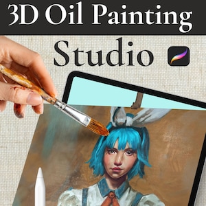 Puede incluir: Imagen que promociona un estudio de pintura al óleo 3D. La imagen muestra una pintura digital de una chica con pelo azul en una tableta, con un pincel y un lápiz óptico. El texto dice "3D Oil Painting Studio" y "4 Procreate 3D Canvases, 50 Realistic Brushes."