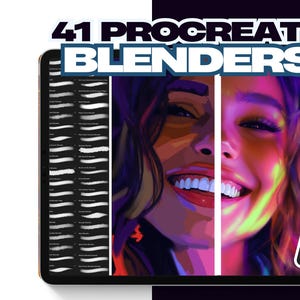 Könnte beinhalten: Eine digitale Illustration eines Frauen Gesichts mit leuchtenden Neonfarben. Das Bild ist auf einem Tablet-Bildschirm mit einem Satz von 41 Procreate Blenders auf der linken Seite des Bildschirms. Der Text "41 Procreate Blenders" befindet sich oben auf dem Bildschirm. Der Text "Drawn 2 Ink" befindet sich in der oberen rechten Ecke des Bildschirms.