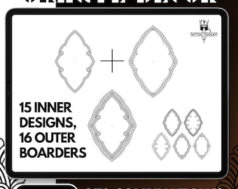 Ornate Decor Procreate Brush Set – 15 Tattoo Frames & 16 Borders for 270 Seamless Combinations