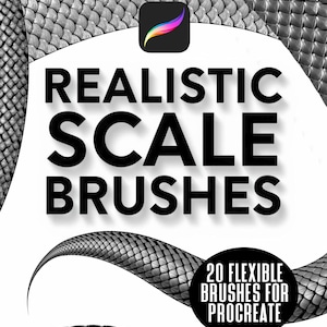 Può includere: Una pubblicità per pennelli di arte digitale per Procreate. L'immagine presenta il testo "Realistic Scale Brushes" in grassetto nero, con uno sfondo a motivo di scaglie. Un cerchio nero indica "20 Flexible Brushes for Procreate".