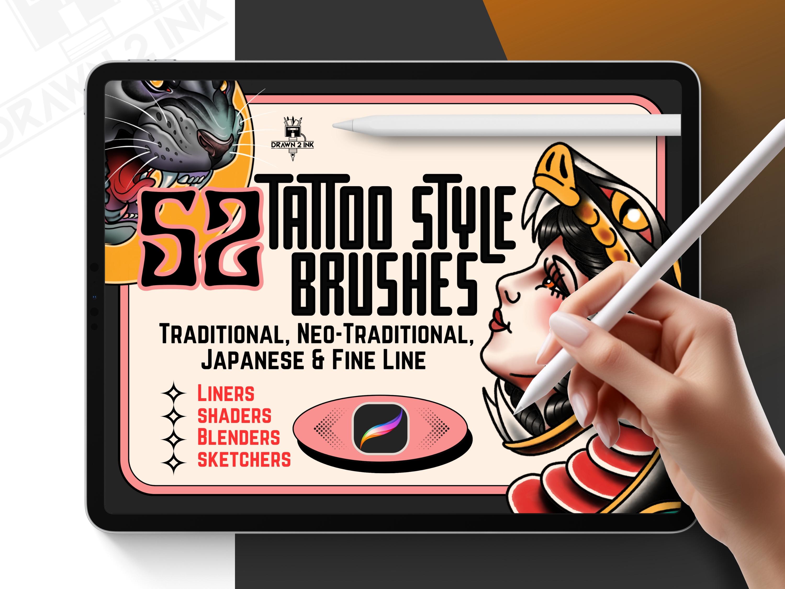 Tattoo Style Procreate Brushes – 52 Liners, Shaders, Blenders & Sketchers for Traditional, Neo Traditional, Japanese & Fine Line