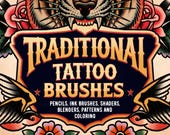 Traditional Tattoo Procreate Brush Set: 40 Flash Art Inkers, Shaders, Borders and Paper textures