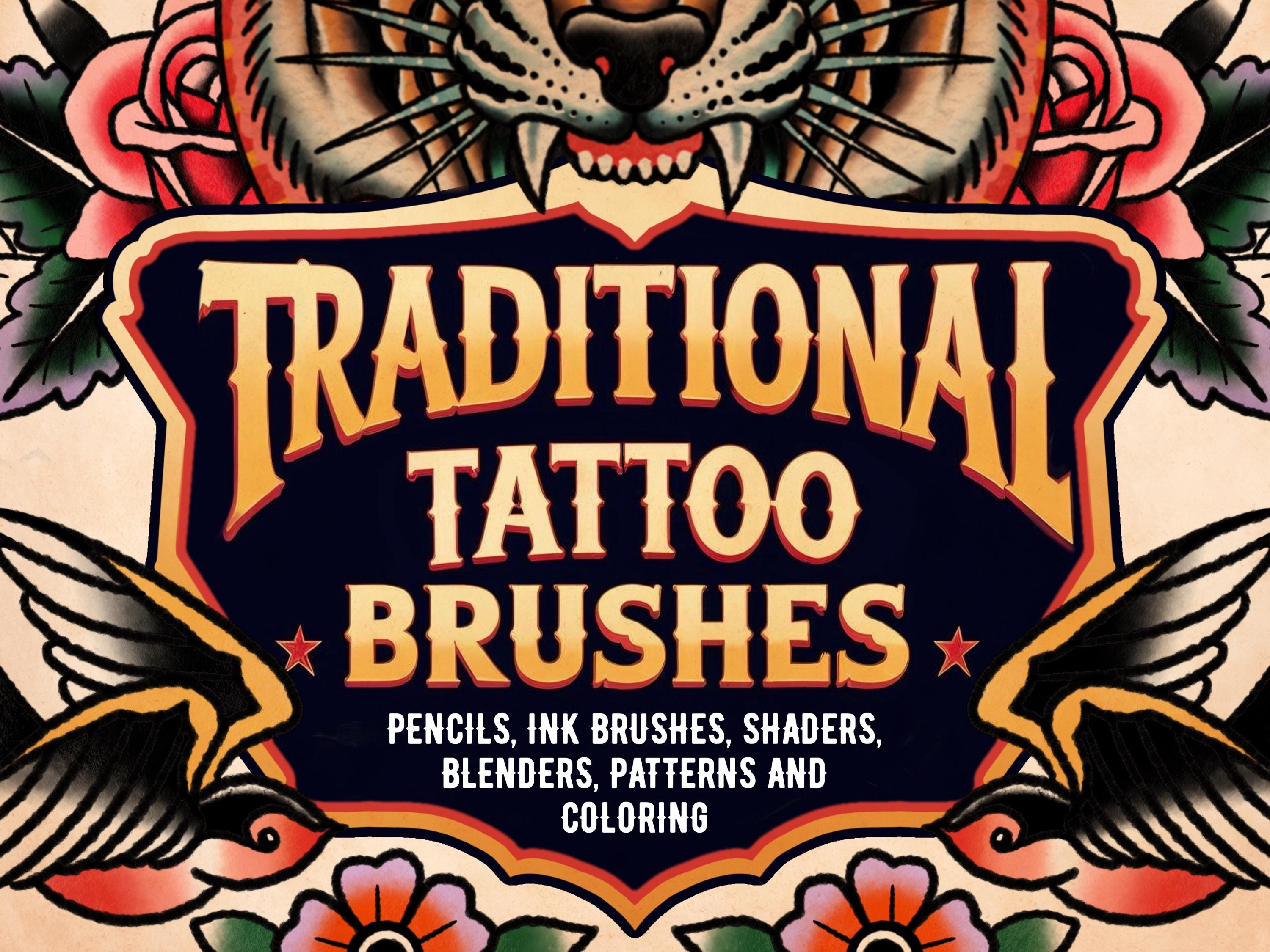 Traditional Tattoo Procreate Brush Set – 40 Procreate Brushes with Inkers, Shaders, Borders, Paper Textures and Color Palette