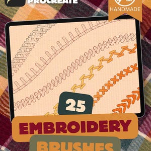Op de afbeelding: Digitale illustratie op een tabletscherm met 25 borduurborstels voor Procreate. Het ontwerp toont verschillende steekpatronen in bruine en oranje tinten, met de woorden "Embroidery Brushes" en "Handmade".