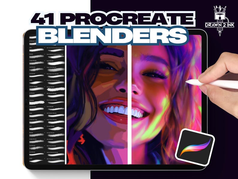 Puede incluir: Una ilustraci&oacute;n digital de la cara de una mujer con colores ne&oacute;n brillantes. La imagen est&aacute; en la pantalla de una tableta con un conjunto de 41 Procreate Blenders en el lado izquierdo de la pantalla. El texto "41 Procreate Blenders" est&aacute; en la parte superior de la pantalla. El texto "Drawn 2 Ink" est&aacute; en la esquina superior derecha de la pantalla.