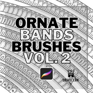 Puede incluir: Gráfico en blanco y negro con el texto "ORNATE BANDS BRUSHES VOL. 2". La imagen incluye un icono de la aplicación Procreate y un logotipo de Drawn 2 Ink, sobre un fondo decorativo con patrones.